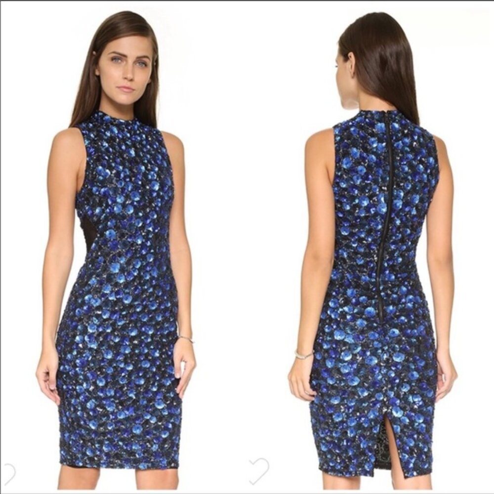 Alice + Olivia Ivana Blue Beaded‎ Sequin Embellished Sheath Midi Dress Size 8
